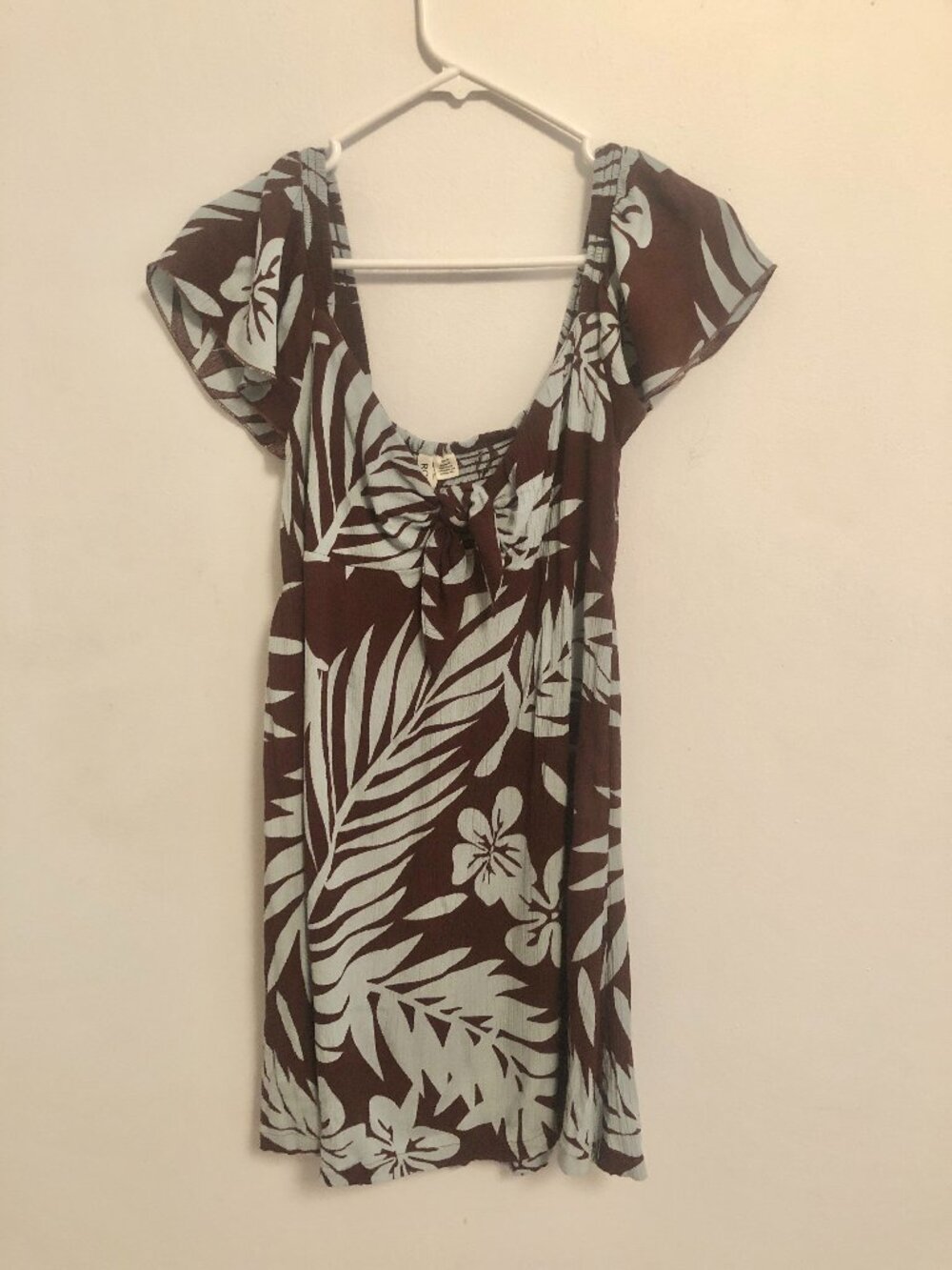 Y2k Roxy Hawaiian print Floral Brown Blue Dress Flutter Sleeves Keyhole Front